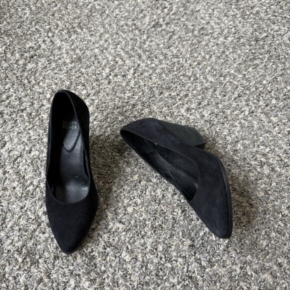 Eileen Fisher Hawk Block Heel Suede Leather Pumps Heels Black Sz 7 Pointed Toe - Picture 1 of 9
